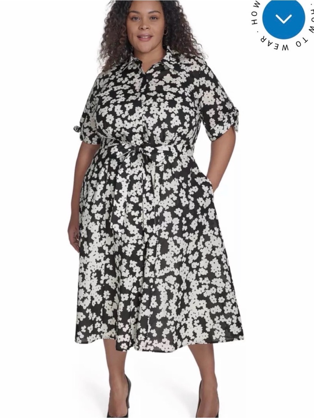 Calvin Klein Floral Belted Midi Shirt Dress Black White Cotton 16W $159
